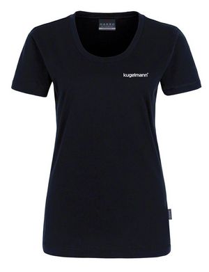 kugelmann T-Shirt damen, Klassisches T-Shirt aus feinem, mittelschwerem Single Jersey aus ringgesponnener und gekämmter Baumwolle mit femininem Rundhals-Ausschnitt. Modisch schmales Halsbündchen und Doppelnaht an Arm und Bund. Gestickter kugelmann Schriftzug auf der Brust. 